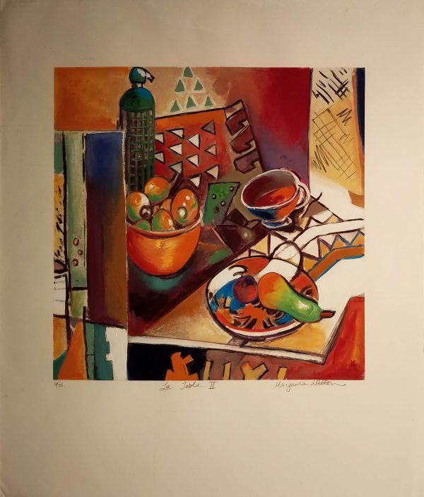 Lots of reds, oranges, browns and greens permeate a scene of a pear on a plate on a table and another fruit basket in the background.