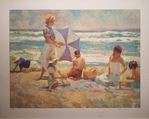 Woman stands on beach with blue and white parasol, surrounded by five others sitting or crawling in the sand.