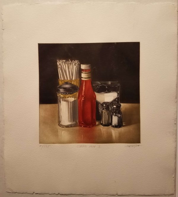 Exquisite diner scene: A glass sugar container, cup of straws, bottle of ketchup, napkin holder, and salt and pepper shakers decorate and reflect atop a wooden table, uniform black background.