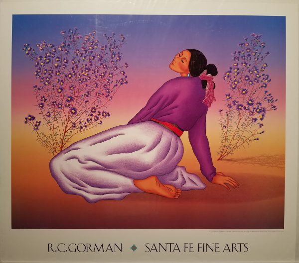 Beautiful native woman sitting on her side leaning back on one arm. She's positioned between two blooming flowery shrubs, wearing a long white skirt, long sleeved purple blouse, has a dark belt, deep blue earrings, and a red tie holding her black hair back. A marvelous sunset is happening all the while.