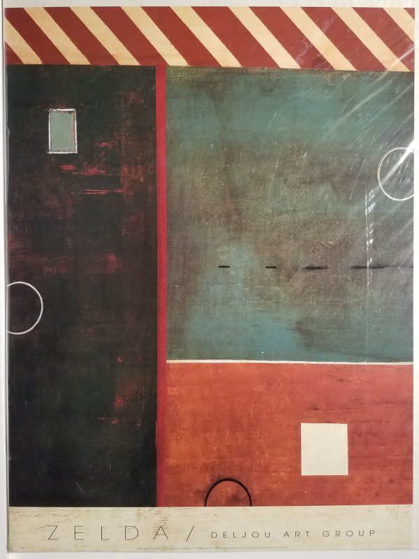 Abstract print with red and white stripes at top, black left section, green upper right section, and red lower right section. Artist name and art group "Deljou" at bottom.