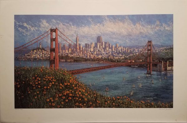 View from a hill in Marin with poppies onto the Golden Gate Bridge below and the city beyond.