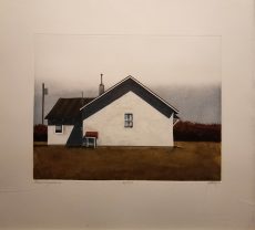 A striking white house with a dark roof sits on dark gold grass below a light, misty and gray sky.