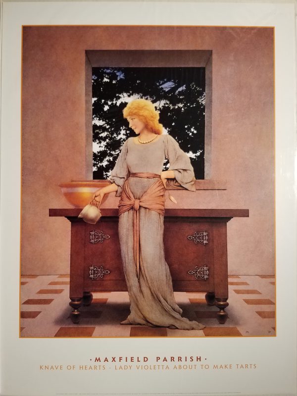 Young woman in white robe stands with pitcher in front of her wooden dresser which is situated in front of the window with a view of a leafy tree.