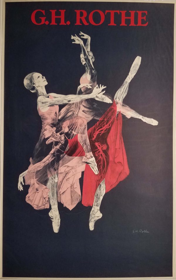Semi-anatomical captured ballet dancers in pink and red dresses. Black background and G.H. Rothe printed in deep red at the top and small signature toward lower right.